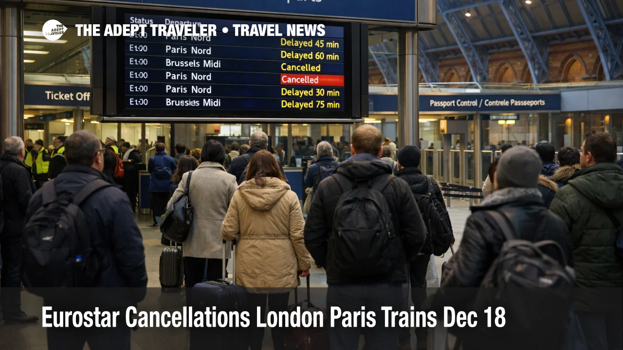 Eurostar cancellations London Paris shown on St Pancras boards as travelers wait, and delays raise misconnect risk