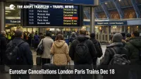 Eurostar cancellations London Paris shown on St Pancras boards as travelers wait, and delays raise misconnect risk