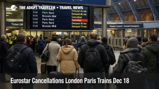 Eurostar cancellations London Paris shown on St Pancras boards as travelers wait, and delays raise misconnect risk