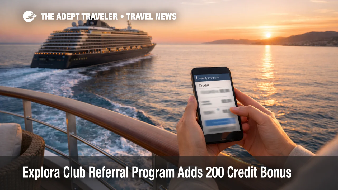 Explora Club Referral Program on a phone as an Explora ship sails the Mediterranean, showing booking credit savings