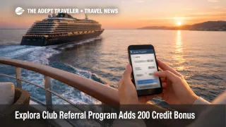 Explora Club Referral Program on a phone as an Explora ship sails the Mediterranean, showing booking credit savings