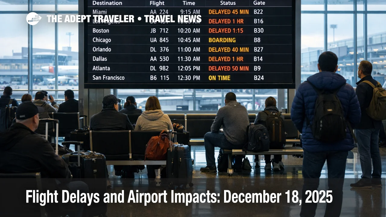 FAA flight delays December 18 shown on a JFK departures board, with travelers waiting at gates during holds