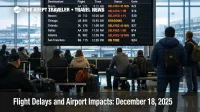 FAA flight delays December 18 shown on a JFK departures board, with travelers waiting at gates during holds