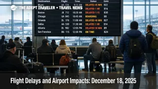 FAA flight delays December 18 shown on a JFK departures board, with travelers waiting at gates during holds