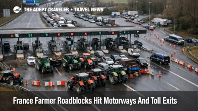 France farmer roadblocks toll exits clog a motorway toll plaza, forcing detours and raising missed flight risk