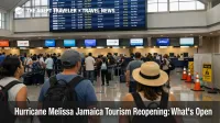 Hurricane Melissa Jamaica tourism reopening, travelers check flight boards at Sangster airport as service normalizes