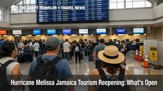 Hurricane Melissa Jamaica tourism reopening, travelers check flight boards at Sangster airport as service normalizes