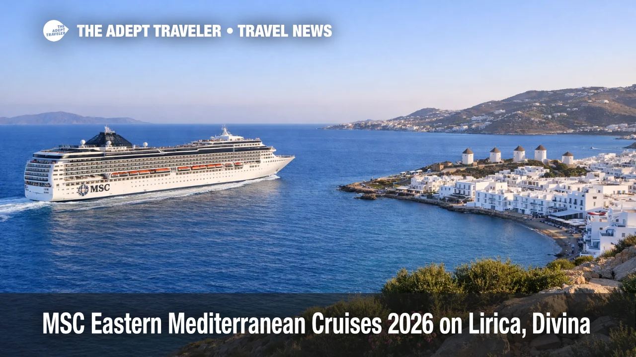 MSC Eastern Mediterranean Cruises 2026 ship sails off Mykonos as travelers plan Venice and Rome embarkations