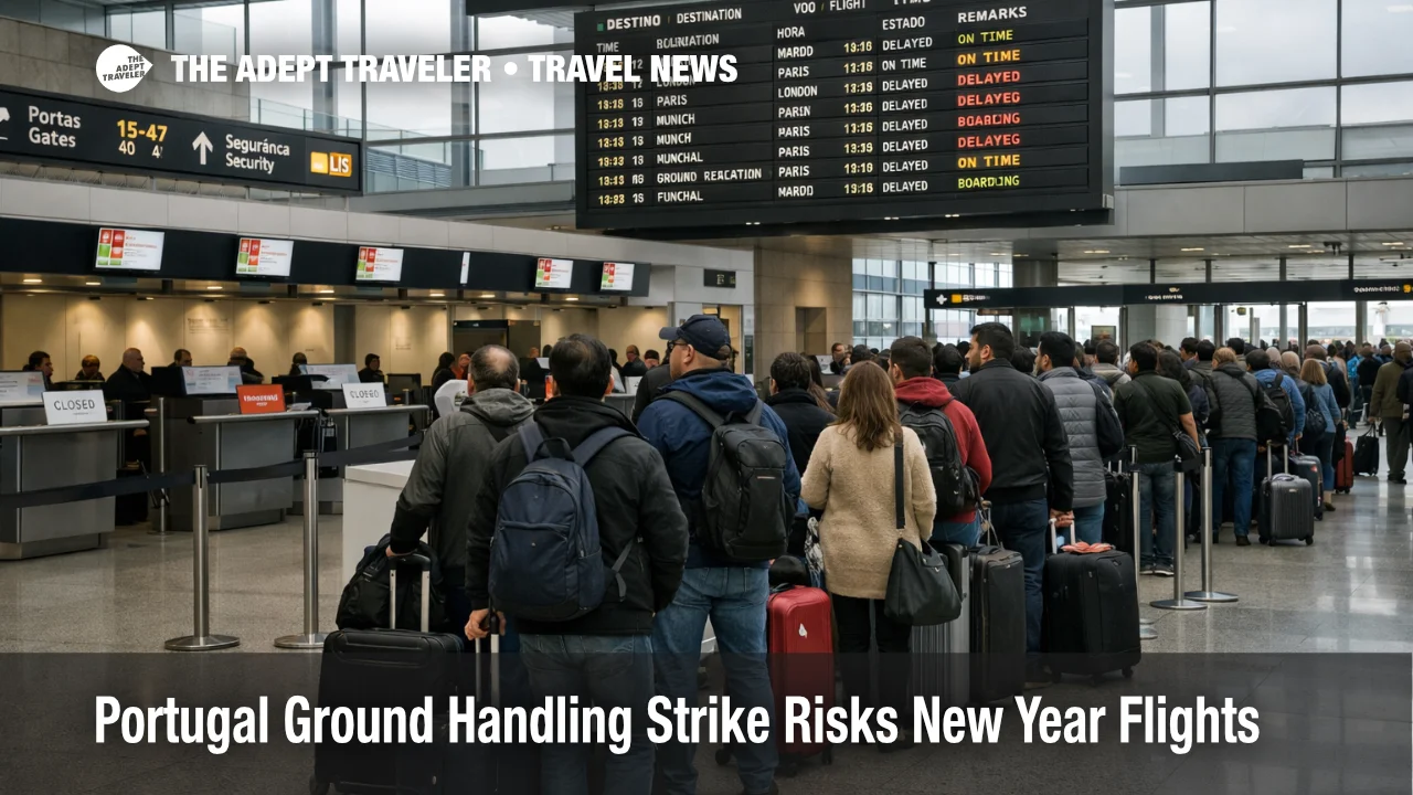 Portugal ground handling strike causes long check in lines at Lisbon Airport (LIS) departures hall near New Year