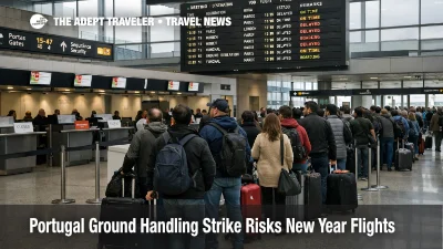 Portugal ground handling strike causes long check in lines at Lisbon Airport (LIS) departures hall near New Year