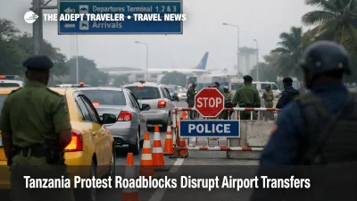 Tanzania protest roadblocks airport transfers, a police checkpoint slows cars on the road to Julius Nyerere Airport