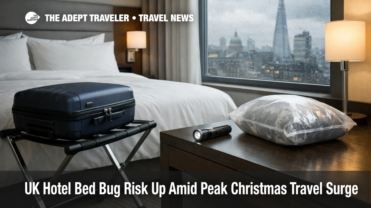 UK hotel bed bug risk: suitcase on rack in a London hotel room, with flashlight and sealed laundry bag ready