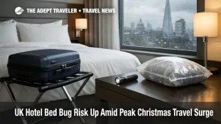 UK hotel bed bug risk: suitcase on rack in a London hotel room, with flashlight and sealed laundry bag ready