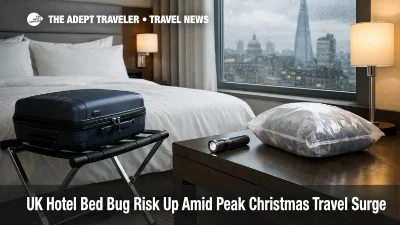 UK hotel bed bug risk: suitcase on rack in a London hotel room, with flashlight and sealed laundry bag ready