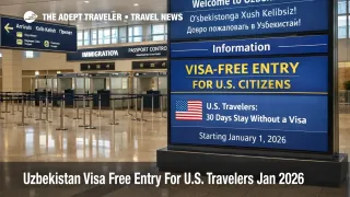 Uzbekistan visa free entry sign at Tashkent airport arrivals, noting US travelers can stay 30 days without a visa