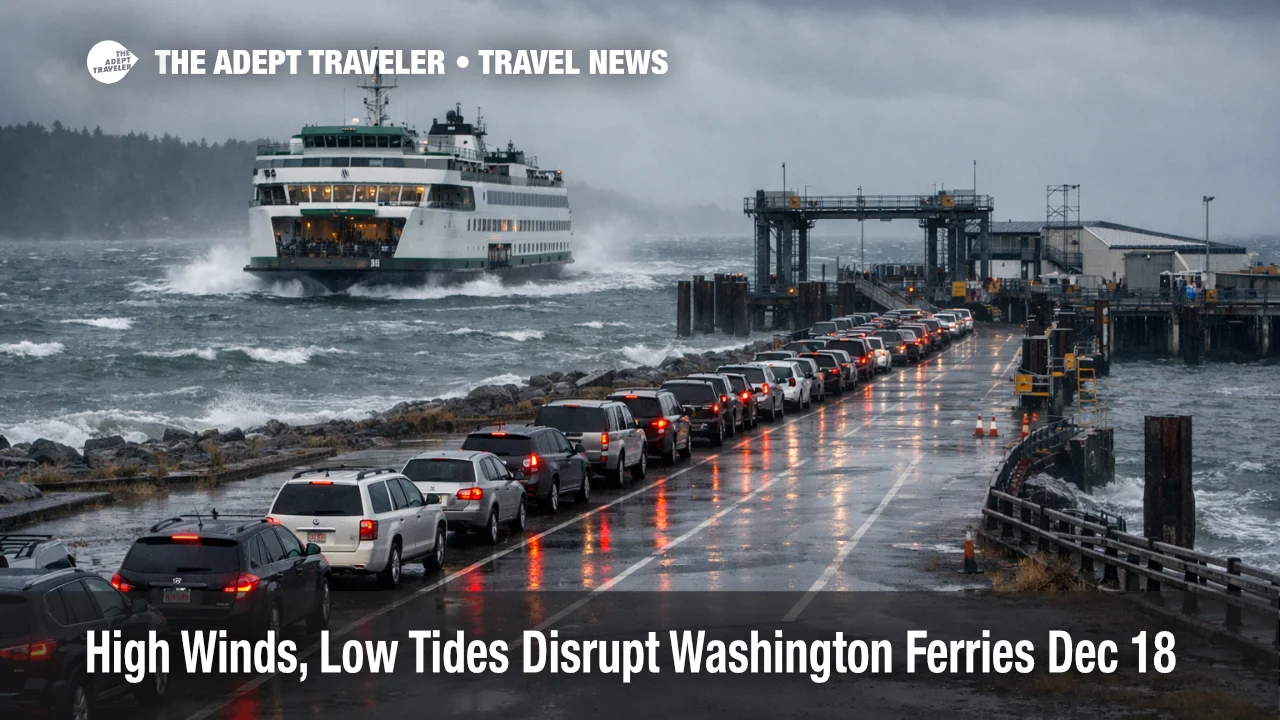 Washington State Ferries Wind Cancellations shown by a ferry nearing Anacortes in rough, windy seas and long vehicle queues