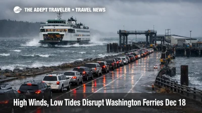 Washington State Ferries Wind Cancellations shown by a ferry nearing Anacortes in rough, windy seas and long vehicle queues