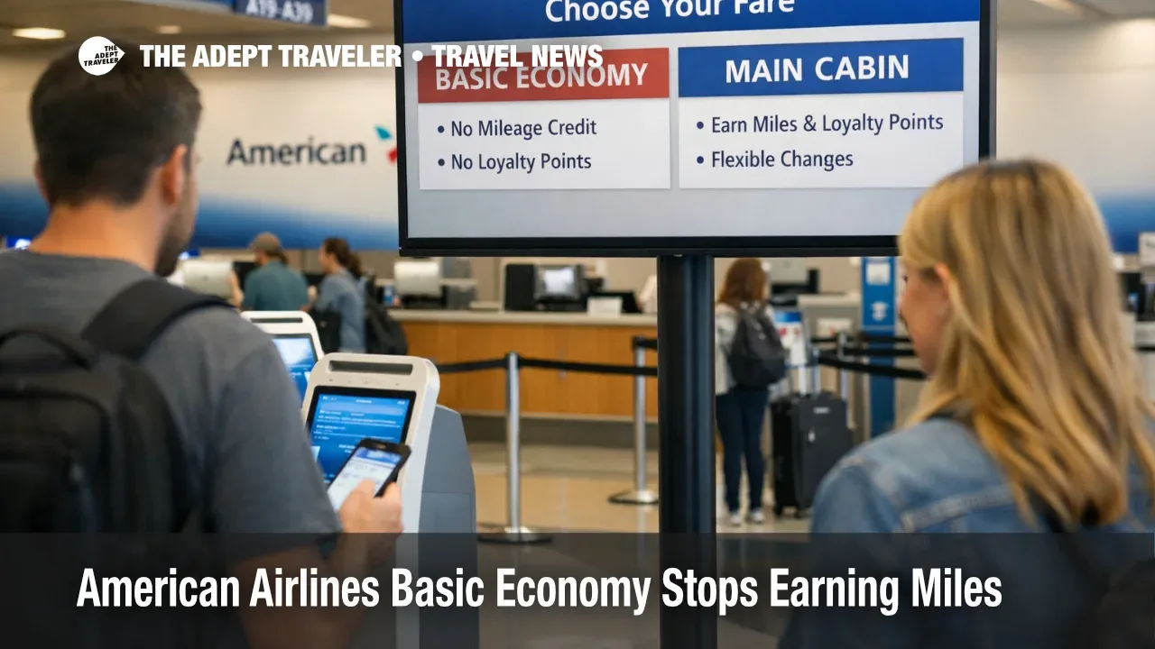 Traveler at DFW check-in sees fare screen as American Airlines Basic Economy miles no longer accrue