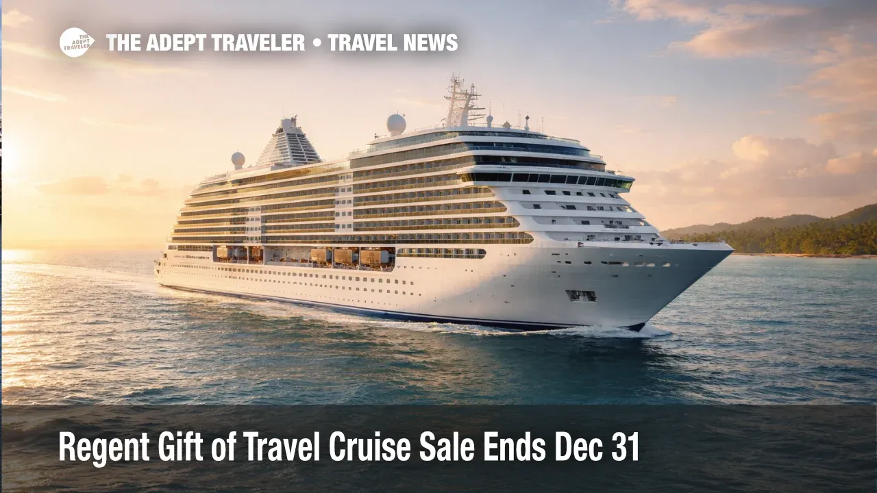 Regent Gift of Travel offer deadline as a luxury cruise ship sails the Caribbean on calm seas near sunset