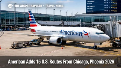 American Airlines U.S. routes 2026 on an O'Hare board beside an American jet, signaling new summer domestic nonstop options