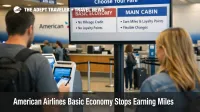 Traveler at DFW check-in sees fare screen as American Airlines Basic Economy miles no longer accrue