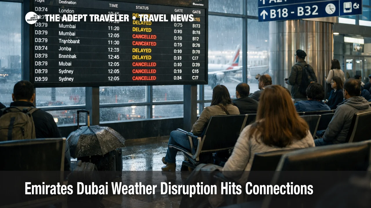 Emirates Dubai Weather Disruption shown on DXB departures boards as passengers wait out heavy rain delays