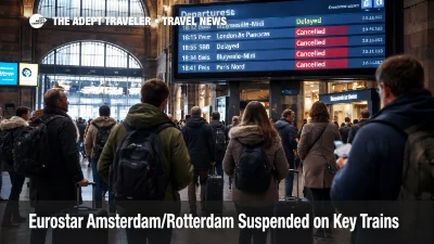 Eurostar Amsterdam Rotterdam stop suspensions shown on station board as travelers reroute via Brussels
