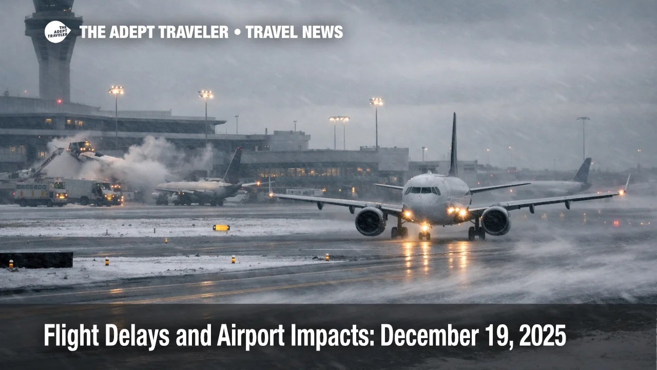 FAA delay report US airports, windy winter runway scene with aircraft holding for departures and deicing delays