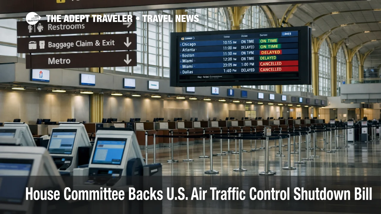 U.S. air traffic control shutdown pay bill planning shown by quiet DCA check in hall with flight board delays and cancellations