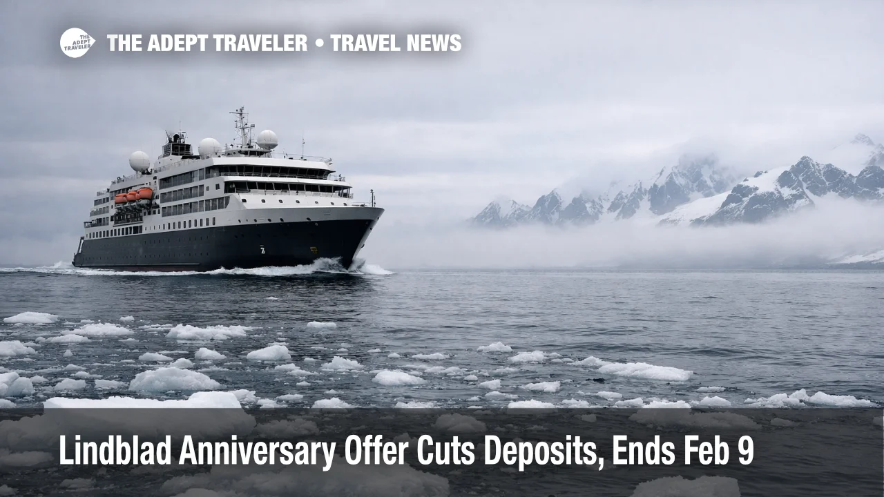 Lindblad anniversary offer expedition cruises, polar ship underway near icebergs, signaling booking and deposit deadlines