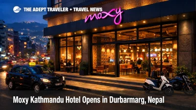 Moxy Kathmandu hotel opening adds a new Durbarmarg stay option, shown at the lit entrance with street traffic at night