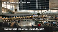 November 2025 U.S. airfare CPI story, quiet airport terminal scene reflecting falling fares and post shutdown demand shifts