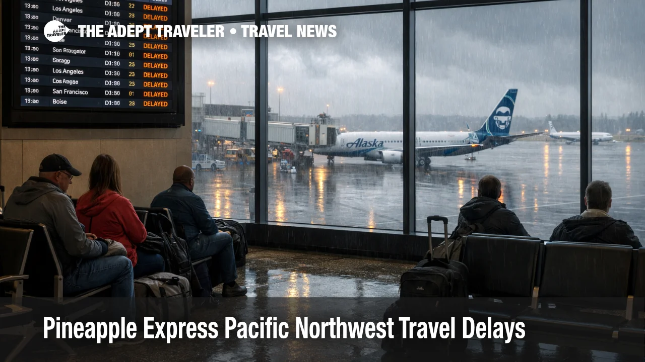 Pineapple Express Pacific Northwest travel delays shown by a SEA departures board as rain and wind disrupt flights