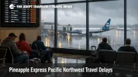 Pineapple Express Pacific Northwest travel delays shown by a SEA departures board as rain and wind disrupt flights