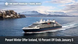 Ponant Winter Offer January 5, small expedition ship off Iceland, signaling 10 percent off and $1,000.00 (USD) credit