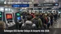 Schengen EES airport delays shown by long non-EU passport control queues and idle biometric kiosks in arrivals