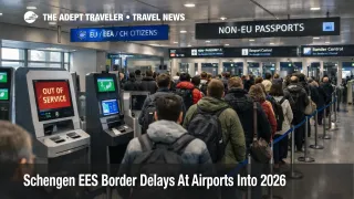 Schengen EES airport delays shown by long non-EU passport control queues and idle biometric kiosks in arrivals