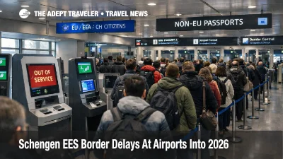 Schengen EES airport delays shown by long non-EU passport control queues and idle biometric kiosks in arrivals