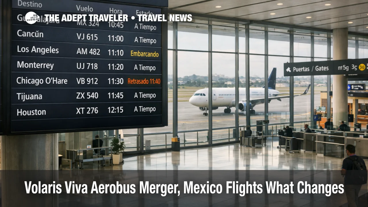Volaris Viva Aerobus merger Mexico flights, travelers watch a Mexico City departures board for fare and schedule changes