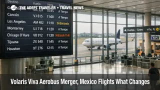Volaris Viva Aerobus merger Mexico flights, travelers watch a Mexico City departures board for fare and schedule changes