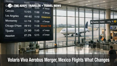Volaris Viva Aerobus merger Mexico flights, travelers watch a Mexico City departures board for fare and schedule changes