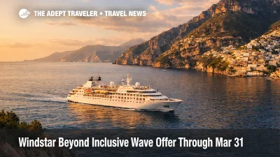 Windstar Beyond Inclusive wave offer bundles perks on a small ship sailing the Mediterranean near Italy
