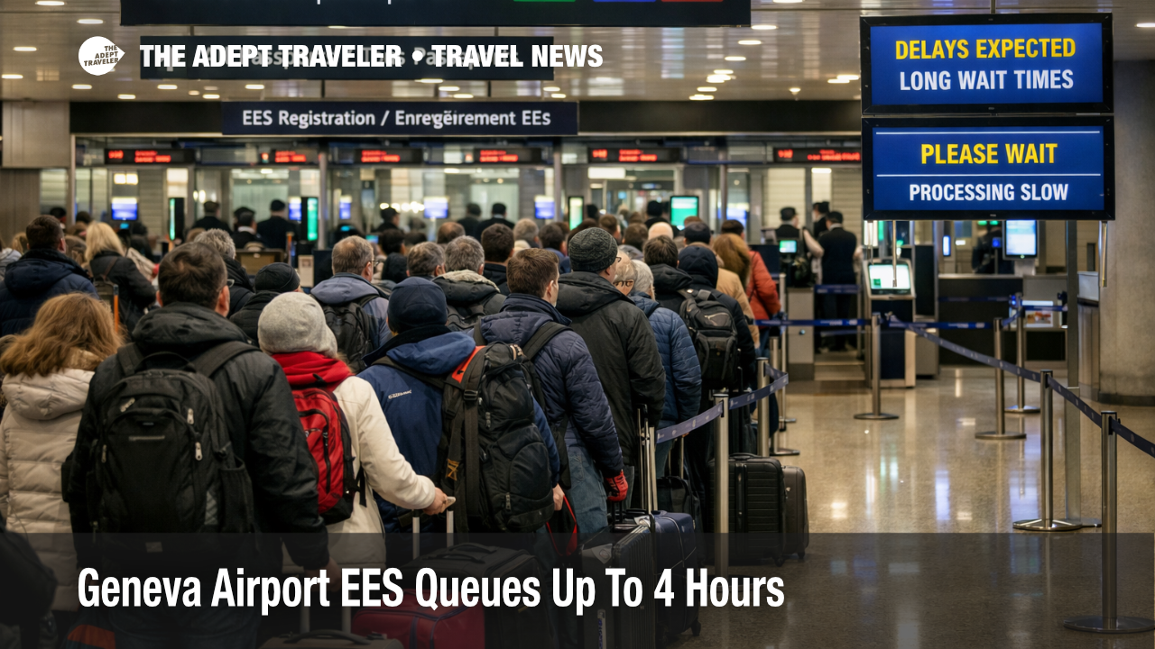 Geneva Airport EES queues shown at passport control, long lines and kiosks delaying winter arrivals to the Alps