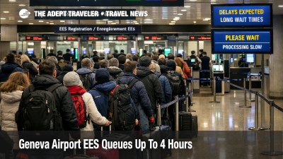 Geneva Airport EES queues shown at passport control, long lines and kiosks delaying winter arrivals to the Alps