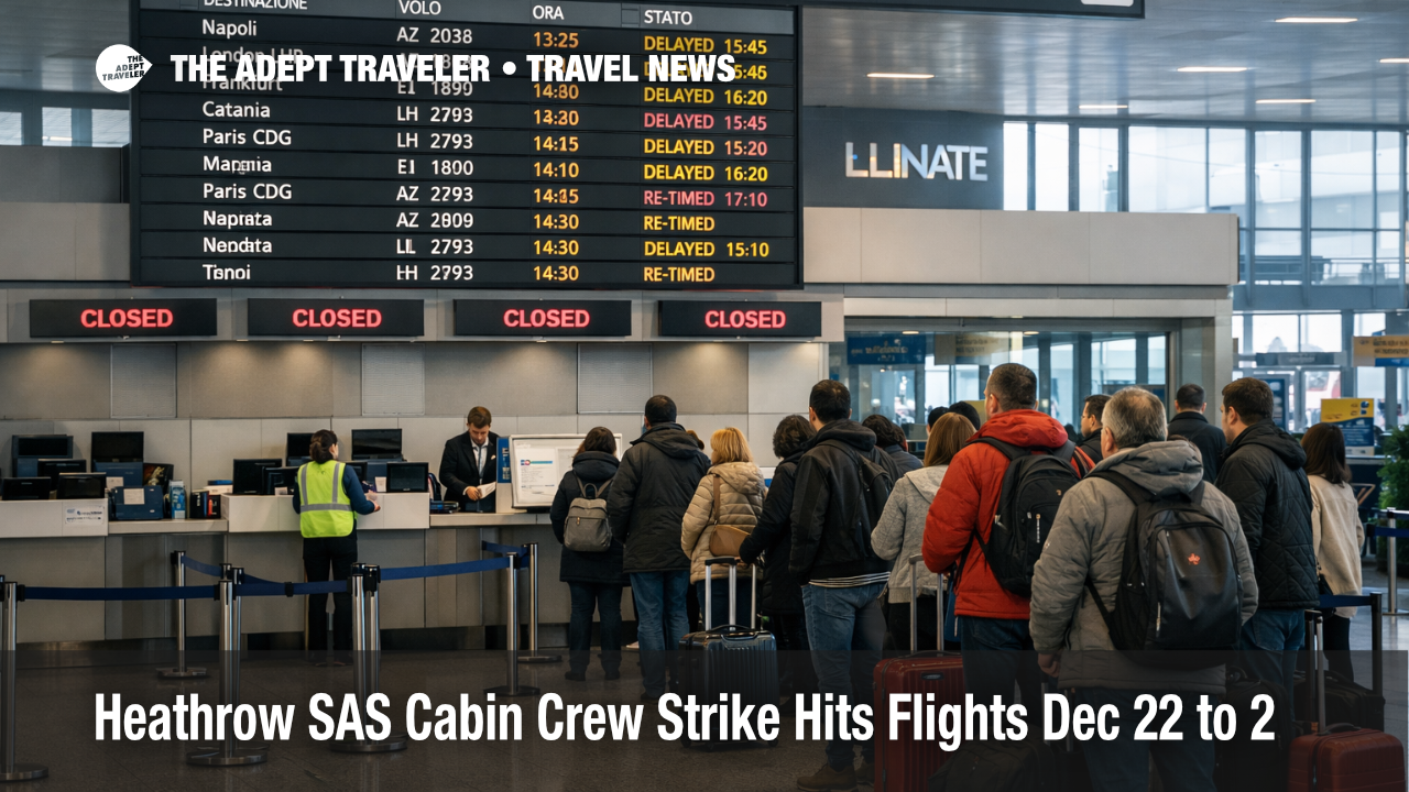 Heathrow SAS cabin crew strike risk shown on departures boards, highlighting canceled SAS flights and the need to rebook early