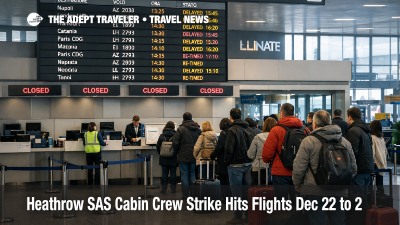 Heathrow SAS cabin crew strike risk shown on departures boards, highlighting canceled SAS flights and the need to rebook early