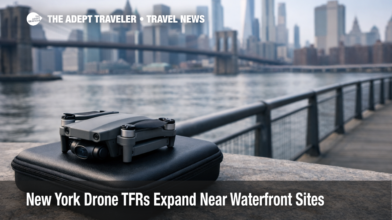 Grounded drone on NYC waterfront skyline scene reflecting New York drone TFRs and restricted aerial filming plans