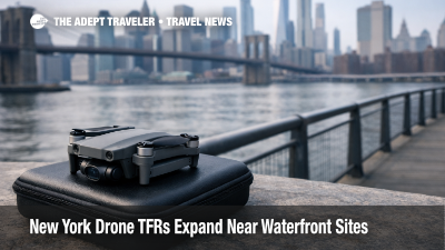Grounded drone on NYC waterfront skyline scene reflecting New York drone TFRs and restricted aerial filming plans