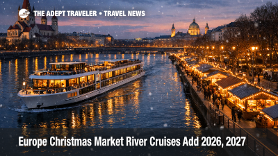 Europe Christmas market river cruises expand as a river ship passes Vienna's lit waterfront beside winter stalls