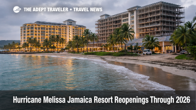 Hurricane Melissa Jamaica resort reopenings shown by a Montego Bay beachfront hotel with one wing open and one under repair